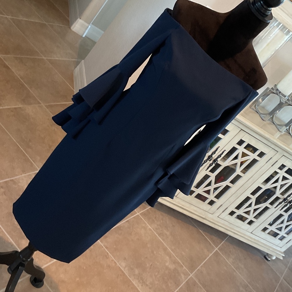 MILLY Selena side slit off shoulder bell sleeve dress, navy, size 6